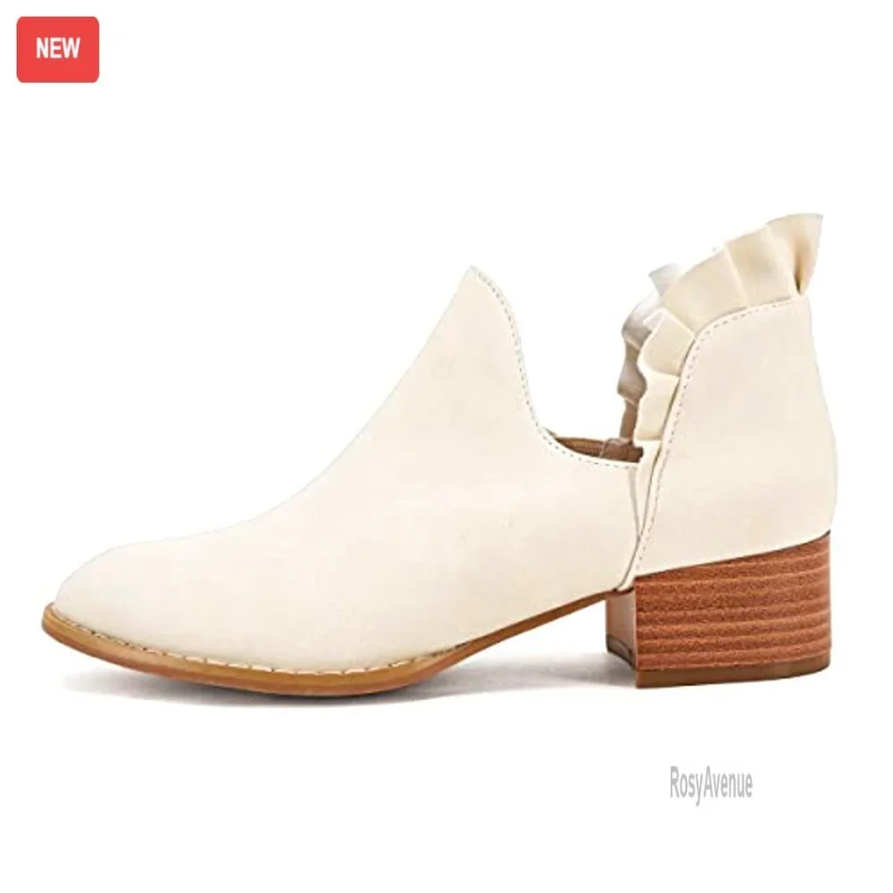 Ruffled V-Cut Ankle Boots Pointed Toe Chunky Low Heel Western Booties